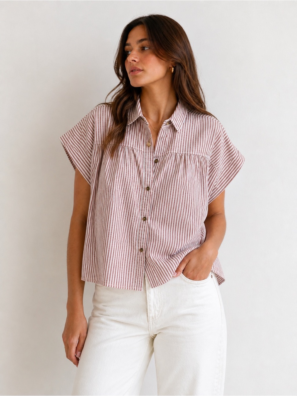 Red Stripe Seersucker Short Sleeve Relaxed Button Down Top 100% Cotton – XL